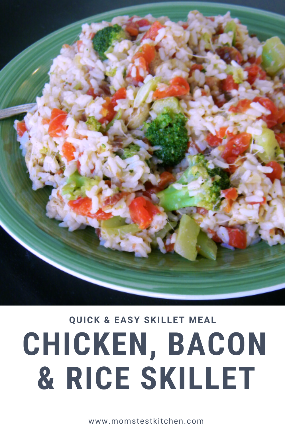 If you like quick and easy recipes, you will LOVE this Chicken Rice Skillet Meal packed with the delicious extras of Broccoli and Bacon! 