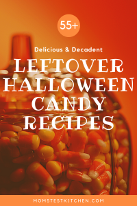 Pumpkin Glass Jar filled with candy corn with blog post title on it - Leftover Halloween Candy Recipes