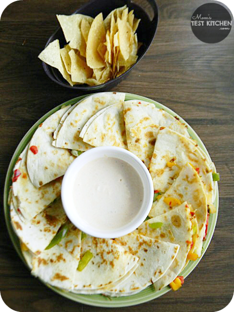 Tri-Pepper Quesadillas with Creamy Chipotle Sauce | www.momstestkitchen.com | #PepperParty