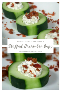 Stuffed Cucumber Cups on a white plate filled with herb stuffing and topped with crumbled bacon
