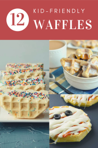 Roundup image for 12 kid-friendly waffle recipes. Includes waffle ice cream sandwich, waffle bites, and mummy waffle pizzas
