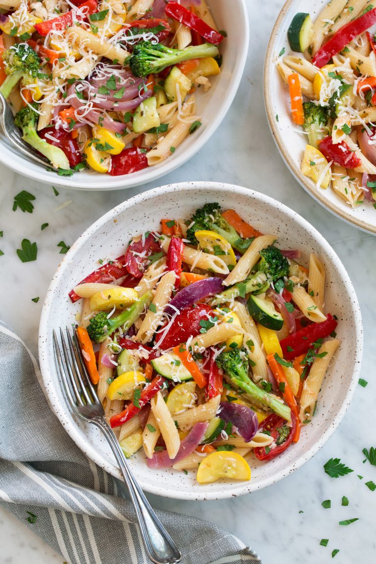 Mom's Menu Plan - Pasta Primavera - Penne pasta with onions, peppers, broccoli, squash and more vegetables