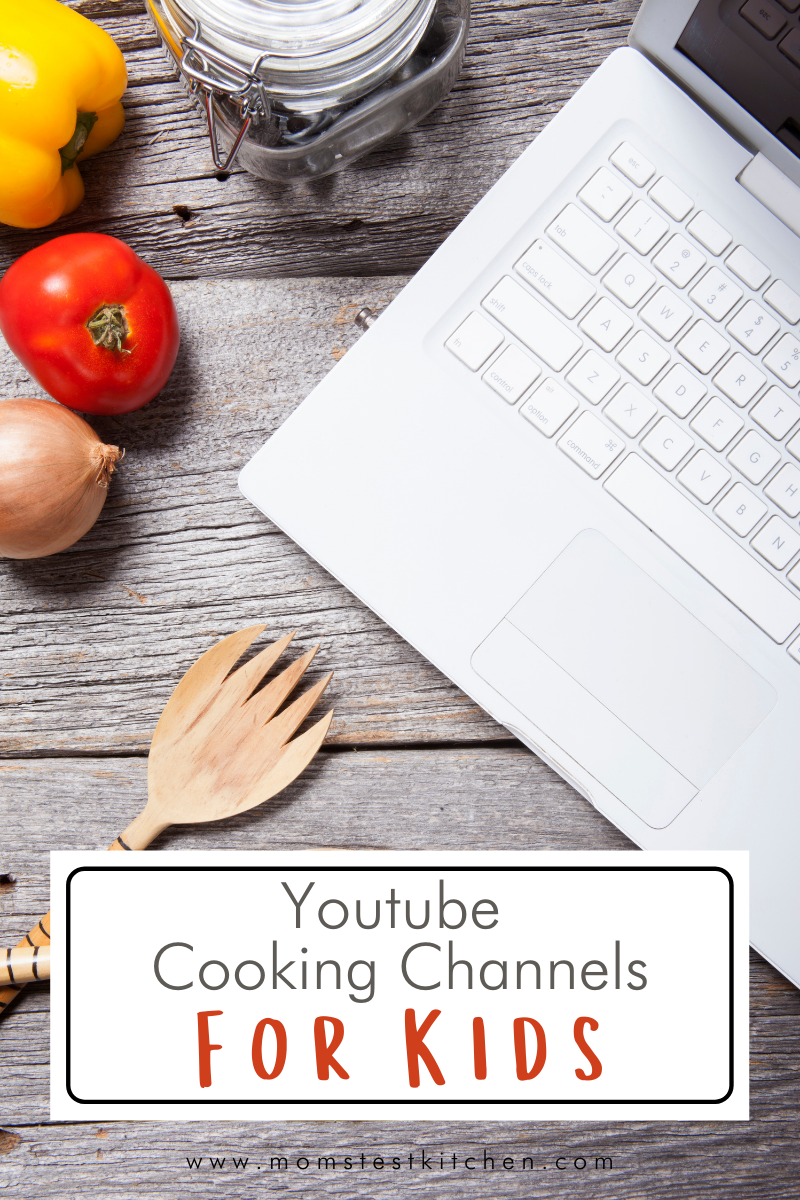 table with a laptop, wooden fork, tomato, yellow bell pepper, onion, and glass jar. Photo labeled Youtube Cooking Channels for Kids