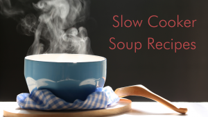 stock photo of blue soup bowl with steam rising with a spoon sitting next to it. Labeled with post title